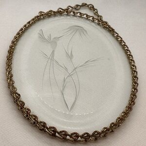 Vintage‎ Oval Etched Clear Glass Sun Catcher Hummingbird and Flowers Gold Chain